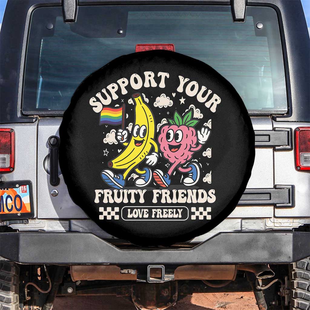Support Your Fruity Friends Spare Tire Cover Retro Cute Banana and Berry LGBT Pride Support TS02 No hole Black Print Your Wear