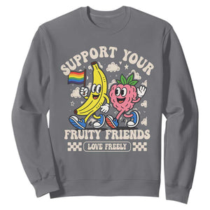 Support Your Fruity Friends Sweatshirt Retro Cute Banana and Berry LGBT Pride Support TS02 Charcoal Print Your Wear