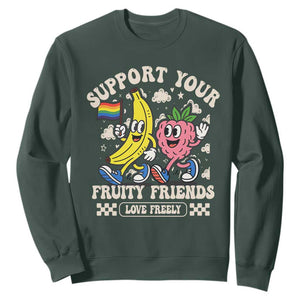 Support Your Fruity Friends Sweatshirt Retro Cute Banana and Berry LGBT Pride Support TS02 Dark Forest Green Print Your Wear