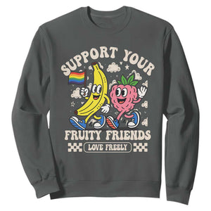 Support Your Fruity Friends Sweatshirt Retro Cute Banana and Berry LGBT Pride Support TS02 Dark Heather Print Your Wear