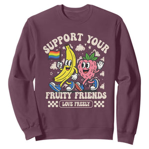 Support Your Fruity Friends Sweatshirt Retro Cute Banana and Berry LGBT Pride Support TS02 Maroon Print Your Wear