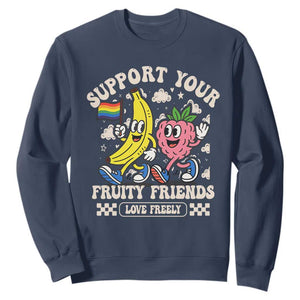 Support Your Fruity Friends Sweatshirt Retro Cute Banana and Berry LGBT Pride Support TS02 Navy Print Your Wear