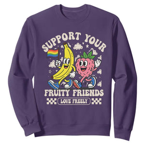 Support Your Fruity Friends Sweatshirt Retro Cute Banana and Berry LGBT Pride Support TS02 Purple Print Your Wear