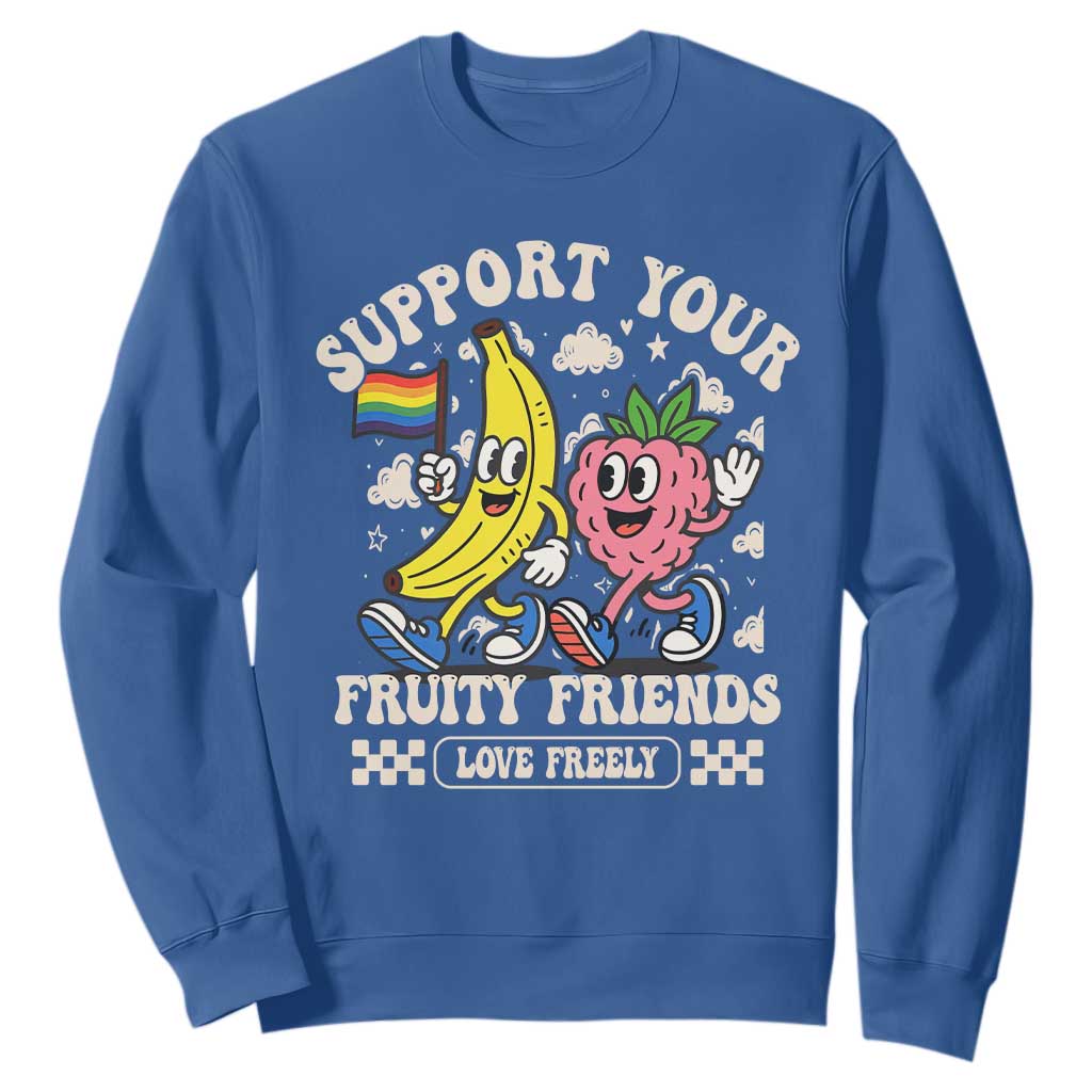 Support Your Fruity Friends Sweatshirt Retro Cute Banana and Berry LGBT Pride Support TS02 Royal Blue Print Your Wear