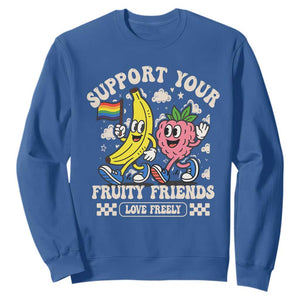 Support Your Fruity Friends Sweatshirt Retro Cute Banana and Berry LGBT Pride Support TS02 Royal Blue Print Your Wear