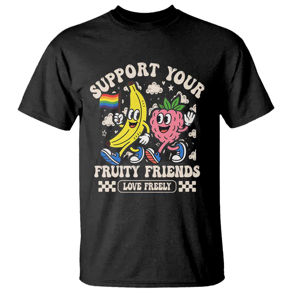 Support Your Fruity Friends T Shirt Retro Cute Banana and Berry LGBT Pride Support TS02 Black Print Your Wear