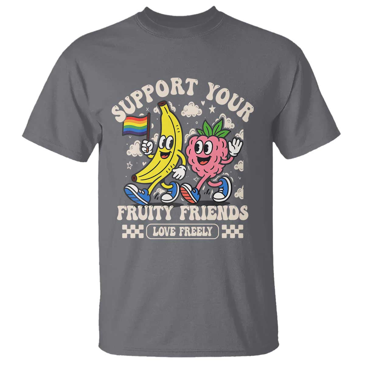Support Your Fruity Friends T Shirt Retro Cute Banana and Berry LGBT Pride Support TS02 Charcoal Print Your Wear