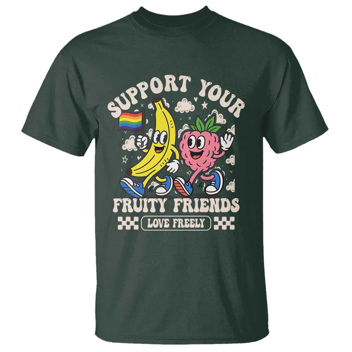 Support Your Fruity Friends T Shirt Retro Cute Banana and Berry LGBT Pride Support TS02 Dark Forest Green Print Your Wear
