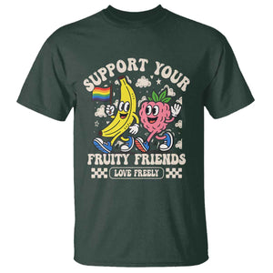 Support Your Fruity Friends T Shirt Retro Cute Banana and Berry LGBT Pride Support TS02 Dark Forest Green Print Your Wear