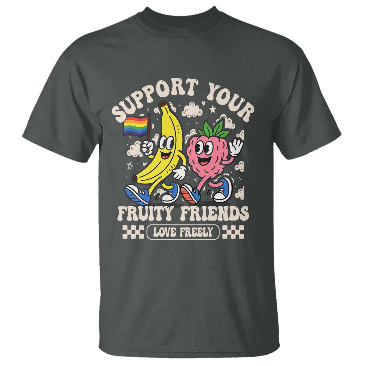 Support Your Fruity Friends T Shirt Retro Cute Banana and Berry LGBT Pride Support TS02 Dark Heather Print Your Wear