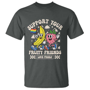 Support Your Fruity Friends T Shirt Retro Cute Banana and Berry LGBT Pride Support TS02 Dark Heather Print Your Wear
