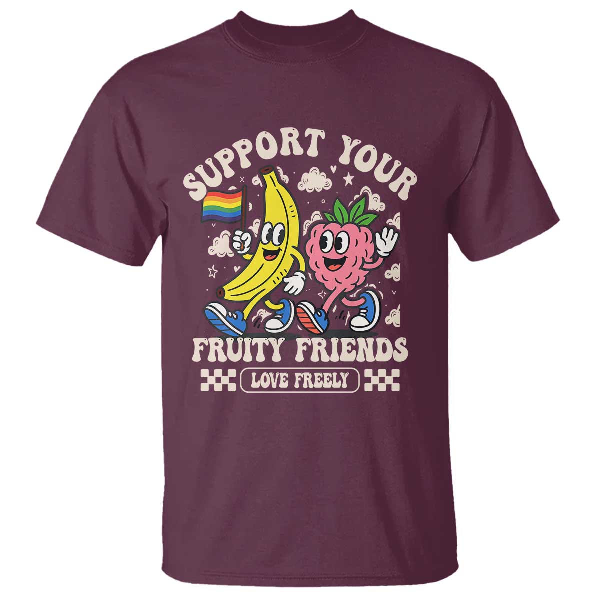 Support Your Fruity Friends T Shirt Retro Cute Banana and Berry LGBT Pride Support TS02 Maroon Print Your Wear