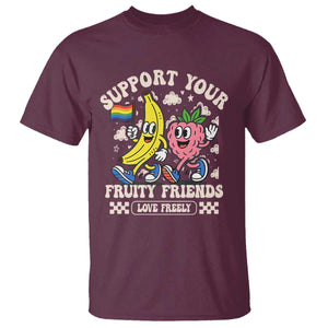 Support Your Fruity Friends T Shirt Retro Cute Banana and Berry LGBT Pride Support TS02 Maroon Print Your Wear