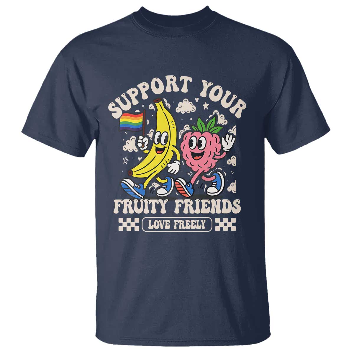 Support Your Fruity Friends T Shirt Retro Cute Banana and Berry LGBT Pride Support TS02 Navy Print Your Wear
