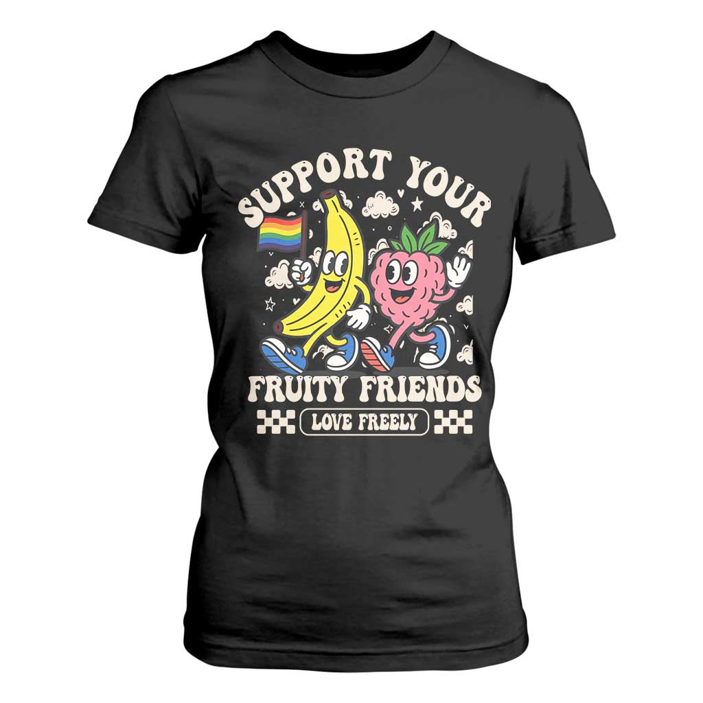 Support Your Fruity Friends T Shirt For Women Retro Cute Banana and Berry LGBT Pride Support TS02 Black Print Your Wear