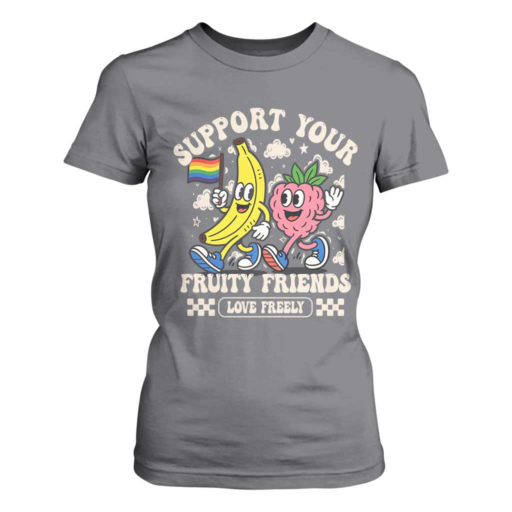 Support Your Fruity Friends T Shirt For Women Retro Cute Banana and Berry LGBT Pride Support TS02 Charcoal Print Your Wear