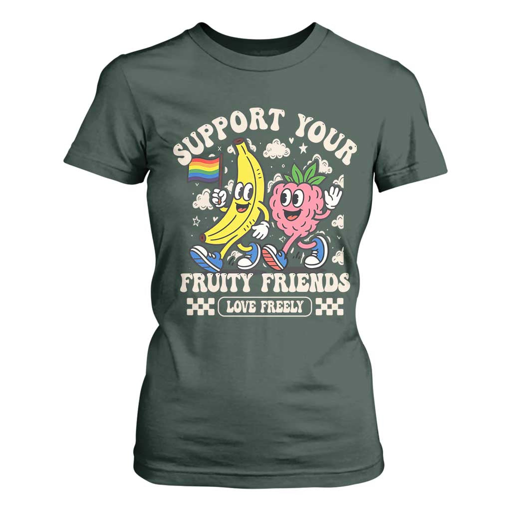 Support Your Fruity Friends T Shirt For Women Retro Cute Banana and Berry LGBT Pride Support TS02 Dark Forest Green Print Your Wear