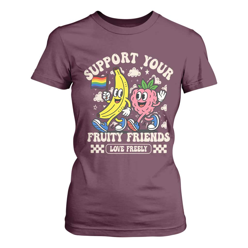Support Your Fruity Friends T Shirt For Women Retro Cute Banana and Berry LGBT Pride Support TS02 Maroon Print Your Wear