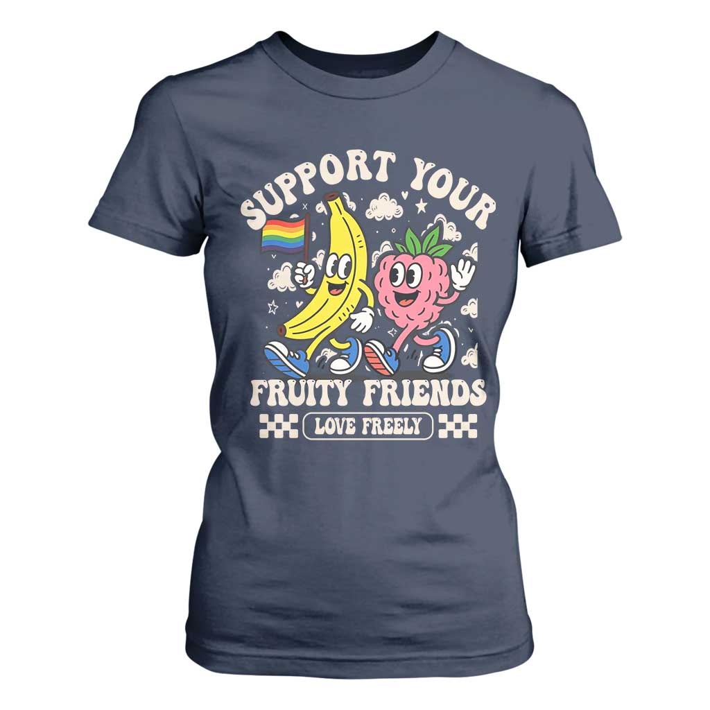 Support Your Fruity Friends T Shirt For Women Retro Cute Banana and Berry LGBT Pride Support TS02 Navy Print Your Wear