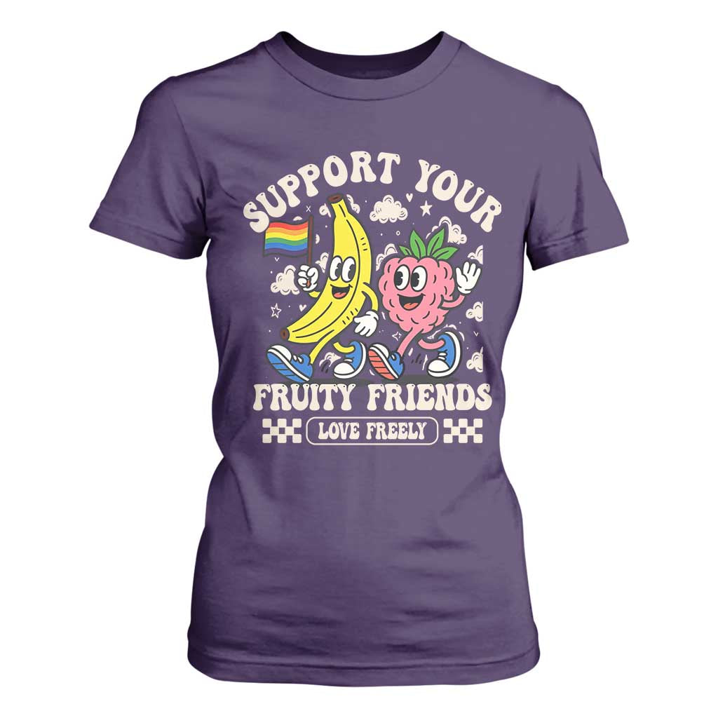 Support Your Fruity Friends T Shirt For Women Retro Cute Banana and Berry LGBT Pride Support TS02 Purple Print Your Wear
