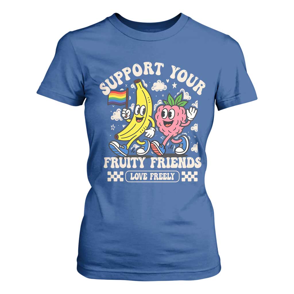 Support Your Fruity Friends T Shirt For Women Retro Cute Banana and Berry LGBT Pride Support TS02 Royal Blue Print Your Wear