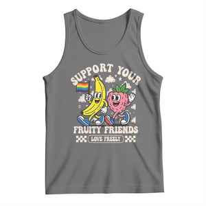 Support Your Fruity Friends Tank Top Retro Cute Banana and Berry LGBT Pride Support TS02 Black Heather Print Your Wear