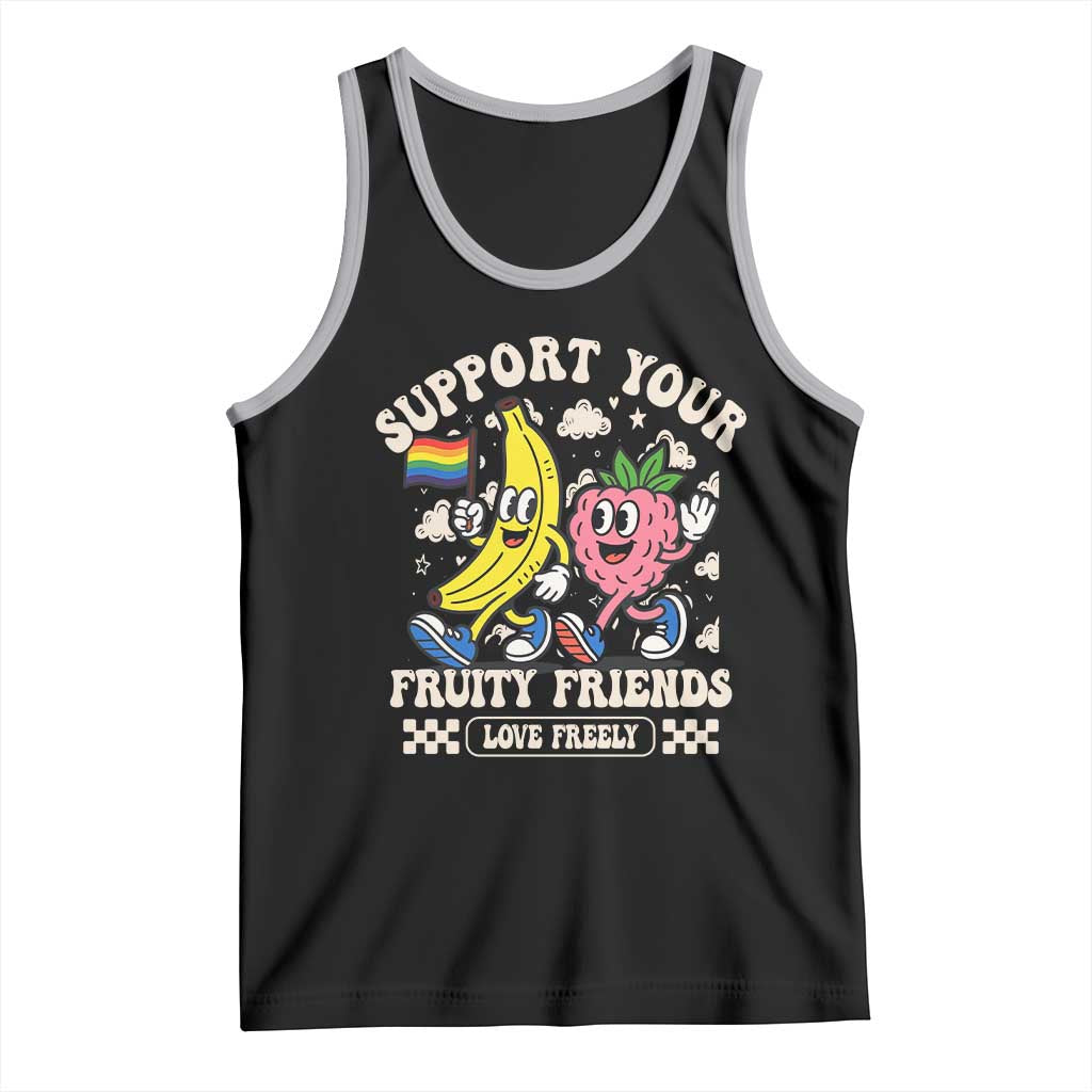 Support Your Fruity Friends Tank Top Retro Cute Banana and Berry LGBT Pride Support TS02 Black Athletic Heather Print Your Wear