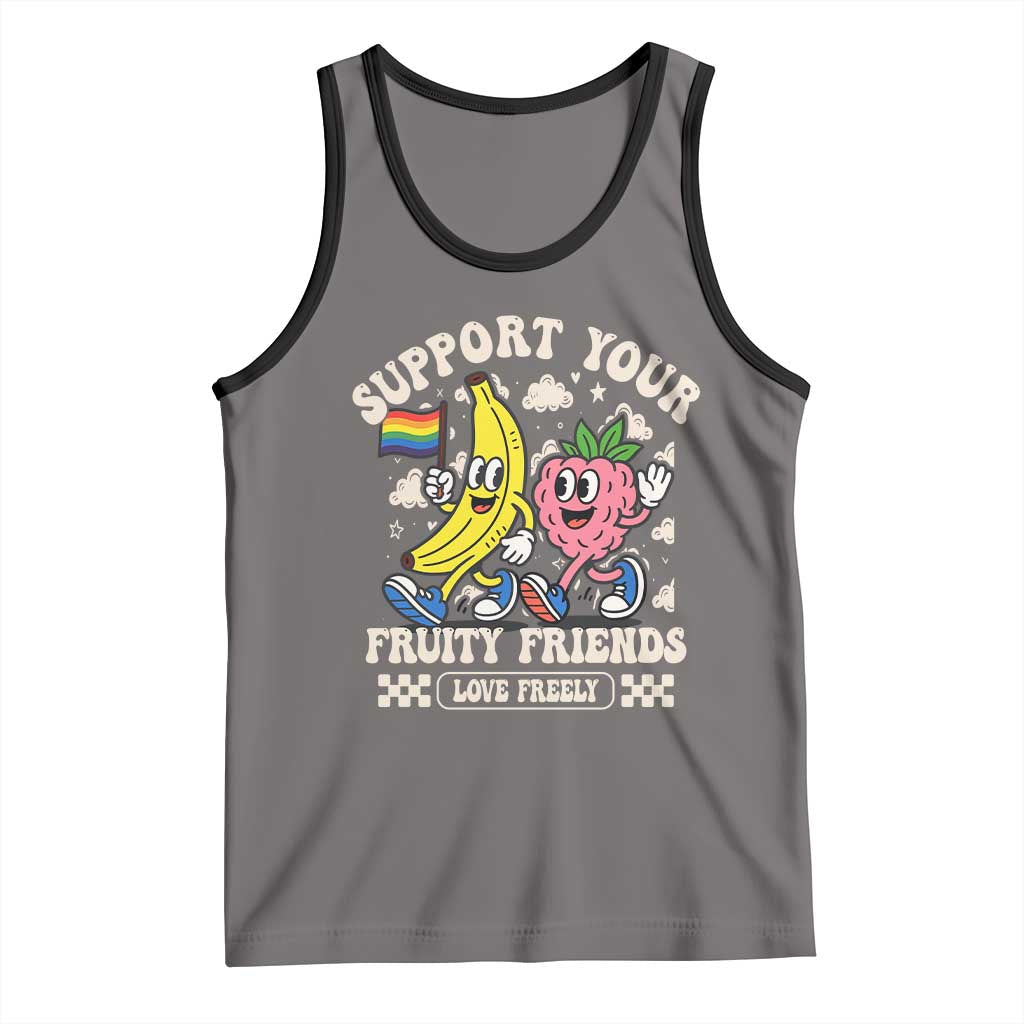 Support Your Fruity Friends Tank Top Retro Cute Banana and Berry LGBT Pride Support TS02 Deep Heather Black Print Your Wear