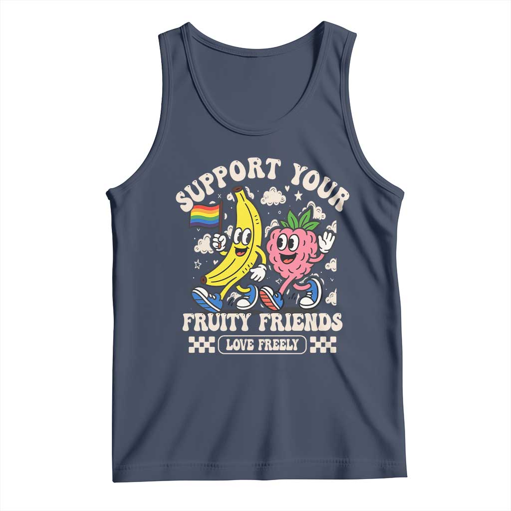 Support Your Fruity Friends Tank Top Retro Cute Banana and Berry LGBT Pride Support TS02 Navy Print Your Wear