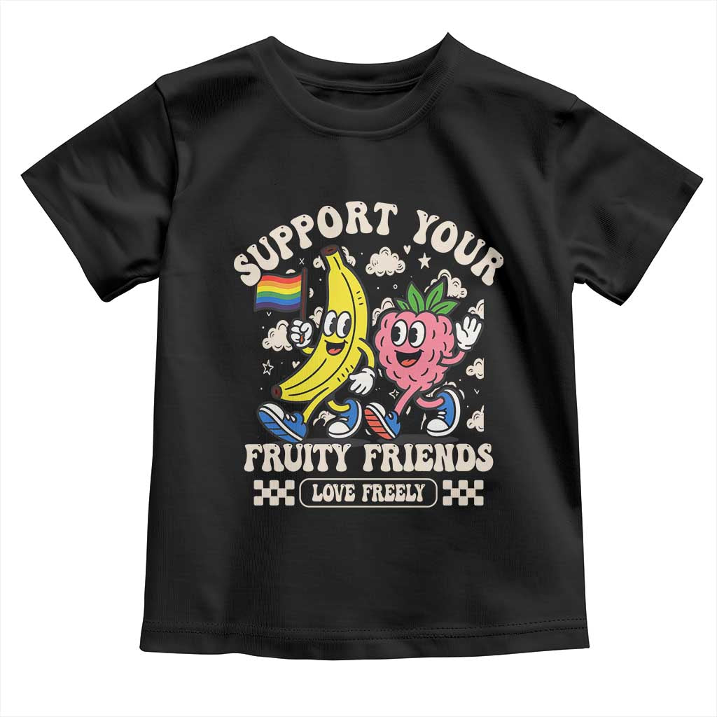 Support Your Fruity Friends Toddler T Shirt Retro Cute Banana and Berry LGBT Pride Support TS02 Black Print Your Wear