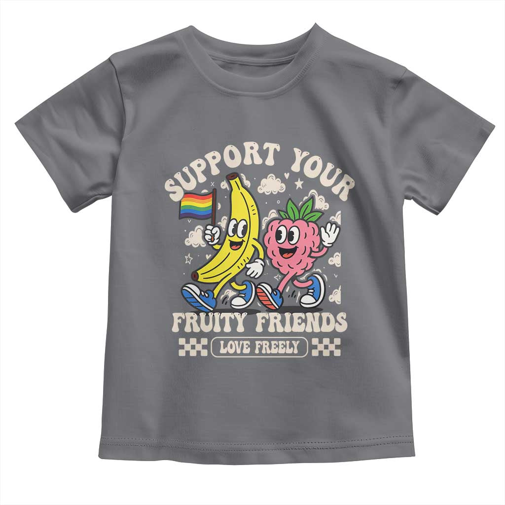 Support Your Fruity Friends Toddler T Shirt Retro Cute Banana and Berry LGBT Pride Support TS02 Charcoal Print Your Wear