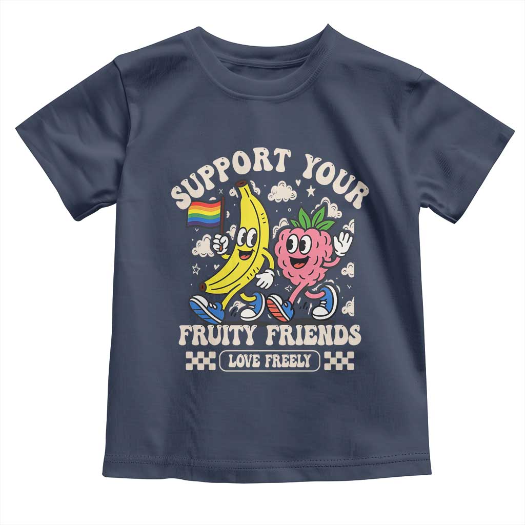 Support Your Fruity Friends Toddler T Shirt Retro Cute Banana and Berry LGBT Pride Support TS02 Navy Print Your Wear