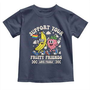Support Your Fruity Friends Toddler T Shirt Retro Cute Banana and Berry LGBT Pride Support TS02 Navy Print Your Wear