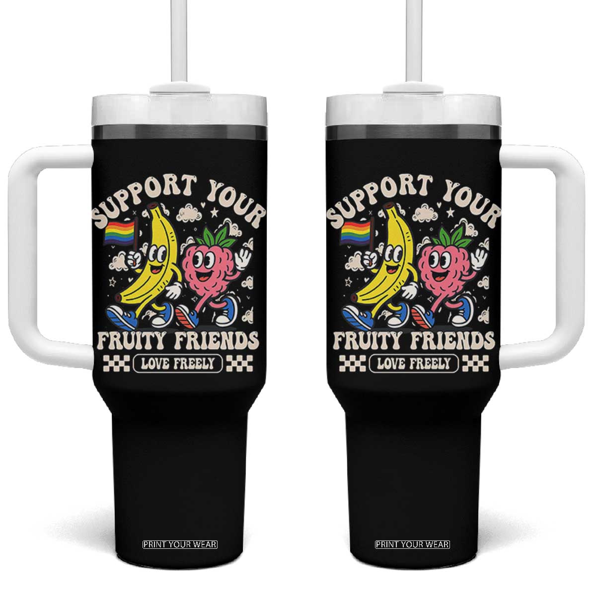 Support Your Fruity Friends Tumbler With Handle Retro Cute Banana and Berry LGBT Pride Support TS02 One Size: 40 oz Black Print Your Wear
