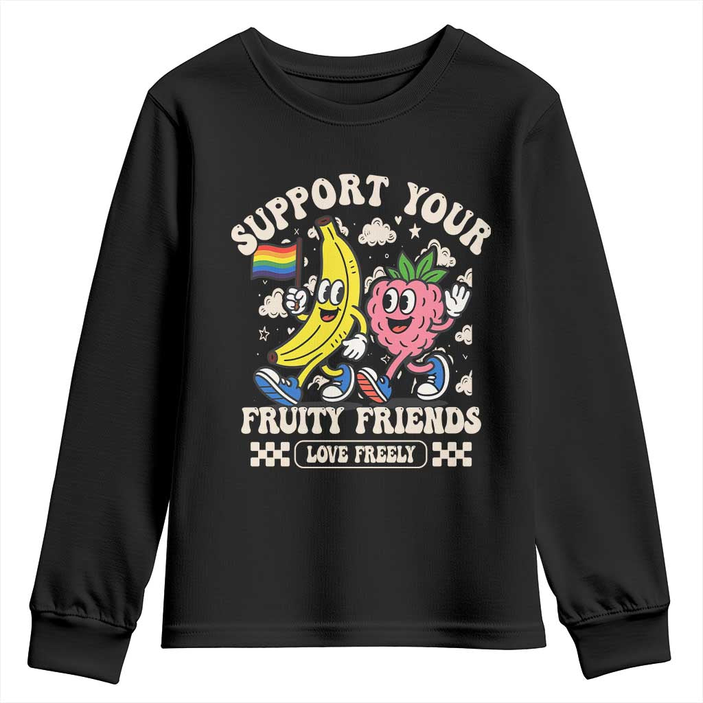Support Your Fruity Friends Youth Sweatshirt Retro Cute Banana and Berry LGBT Pride Support TS02 Black Print Your Wear