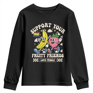 Support Your Fruity Friends Youth Sweatshirt Retro Cute Banana and Berry LGBT Pride Support TS02 Black Print Your Wear