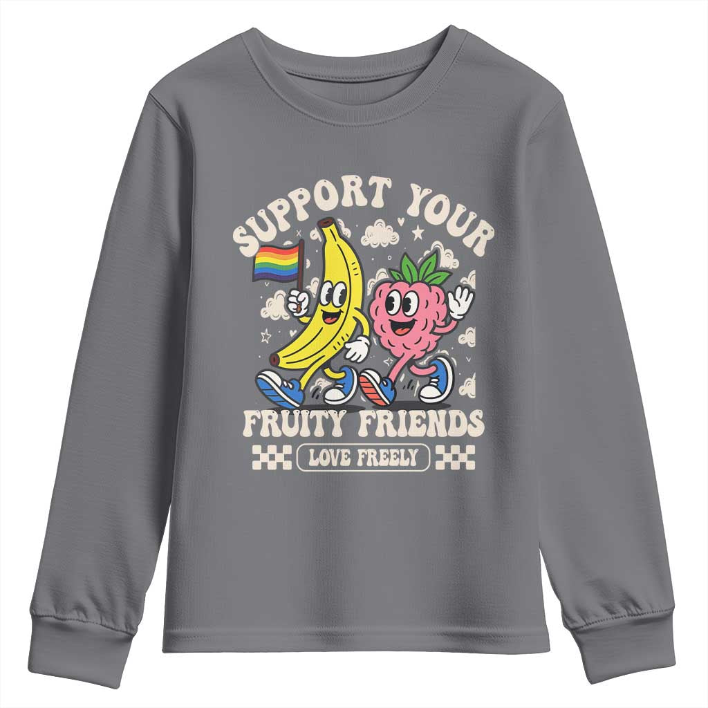 Support Your Fruity Friends Youth Sweatshirt Retro Cute Banana and Berry LGBT Pride Support TS02 Charcoal Print Your Wear