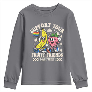 Support Your Fruity Friends Youth Sweatshirt Retro Cute Banana and Berry LGBT Pride Support TS02 Charcoal Print Your Wear