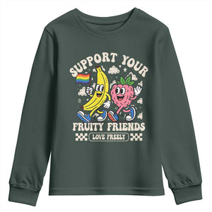 Support Your Fruity Friends Youth Sweatshirt Retro Cute Banana and Berry LGBT Pride Support TS02 Dark Forest Green Print Your Wear