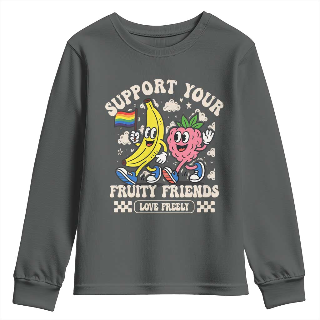 Support Your Fruity Friends Youth Sweatshirt Retro Cute Banana and Berry LGBT Pride Support TS02 Dark Heather Print Your Wear