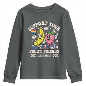 Support Your Fruity Friends Youth Sweatshirt Retro Cute Banana and Berry LGBT Pride Support TS02 Dark Heather Print Your Wear