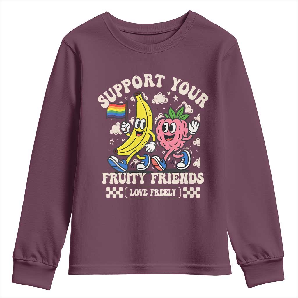Support Your Fruity Friends Youth Sweatshirt Retro Cute Banana and Berry LGBT Pride Support TS02 Maroon Print Your Wear
