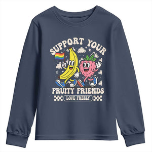 Support Your Fruity Friends Youth Sweatshirt Retro Cute Banana and Berry LGBT Pride Support TS02 Navy Print Your Wear