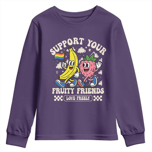 Support Your Fruity Friends Youth Sweatshirt Retro Cute Banana and Berry LGBT Pride Support TS02 Purple Print Your Wear
