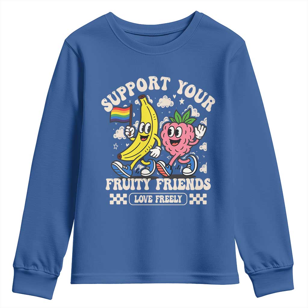 Support Your Fruity Friends Youth Sweatshirt Retro Cute Banana and Berry LGBT Pride Support TS02 Royal Blue Print Your Wear
