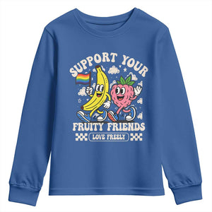 Support Your Fruity Friends Youth Sweatshirt Retro Cute Banana and Berry LGBT Pride Support TS02 Royal Blue Print Your Wear
