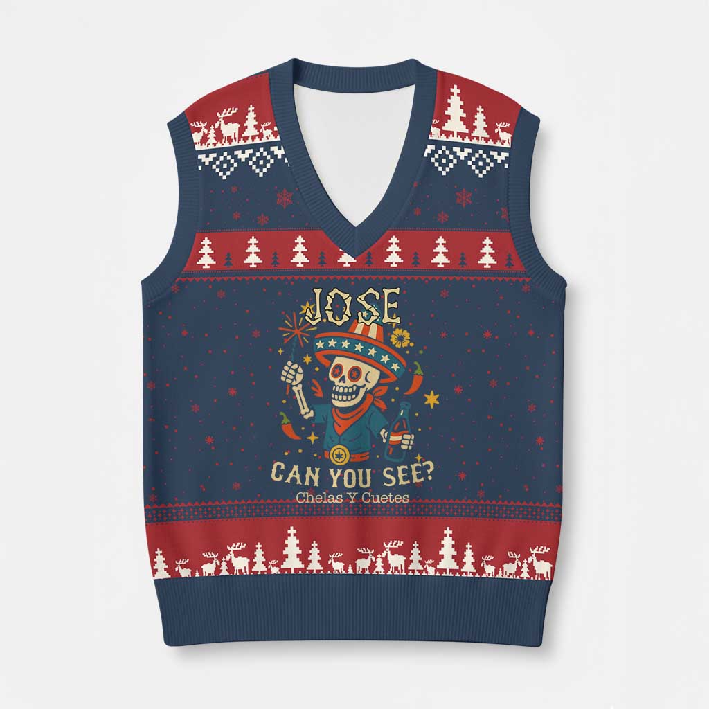 Jose Can You See V-Neck Knit Sweater Vest Funny Chelas y Cuetes 4th of July Latino Skeleton Fiesta TS02 Navy Red Print Your Wear