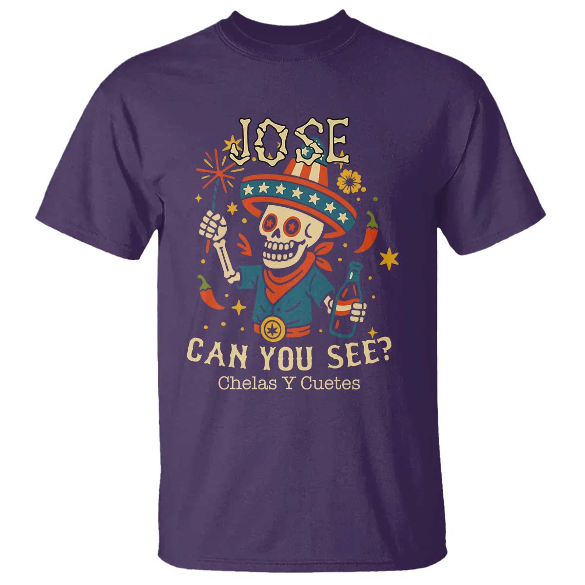 Jose Can You See T Shirt Funny Chelas y Cuetes 4th of July Latino Skeleton Fiesta TS02 Purple Print Your Wear