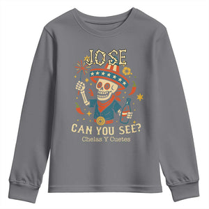 Jose Can You See Youth Sweatshirt Funny Chelas y Cuetes 4th of July Latino Skeleton Fiesta TS02 Charcoal Print Your Wear