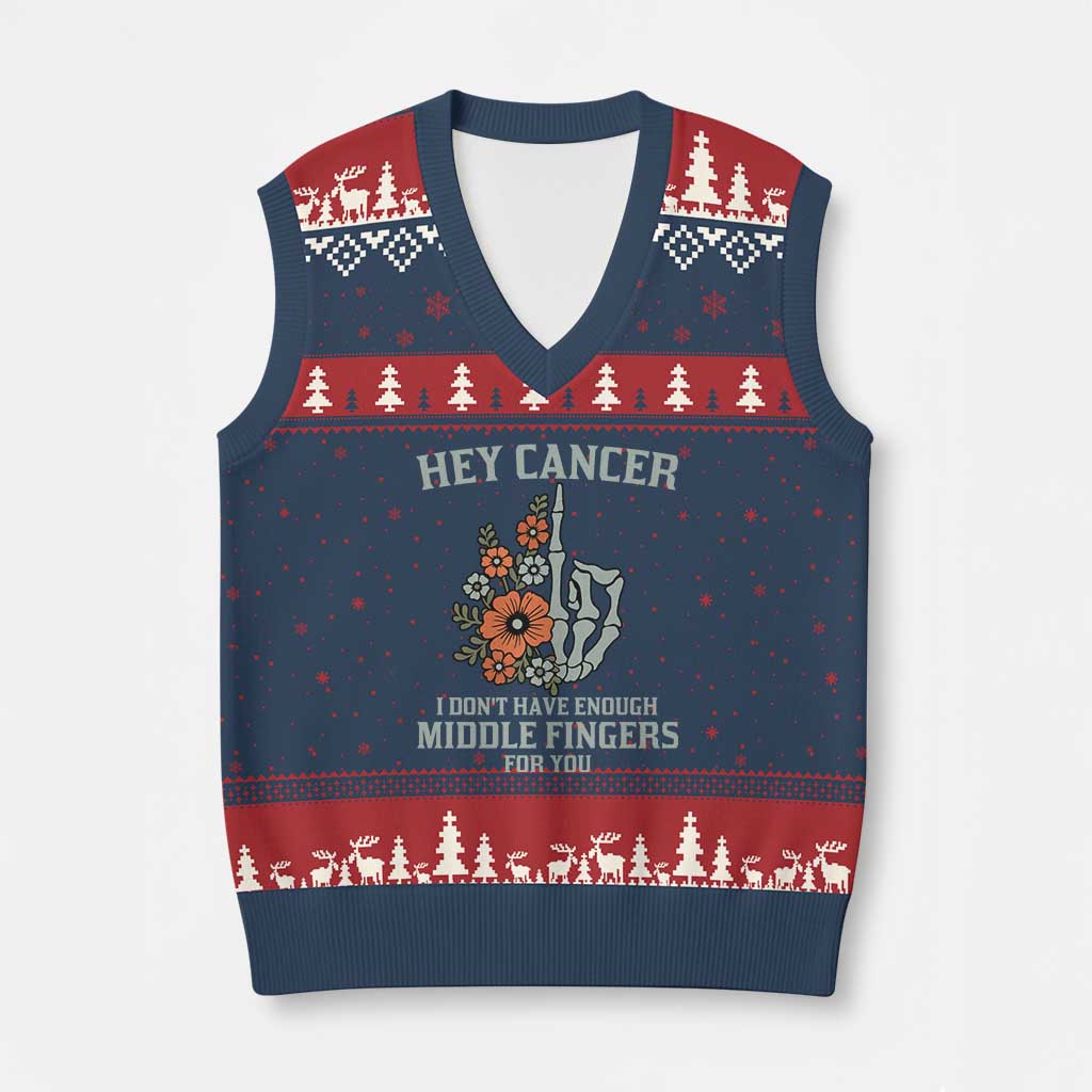 Anti Cancer Skeleton Middle Finger V-Neck Knit Sweater Vest Floral Fck Cancer TS02 Navy Red Print Your Wear